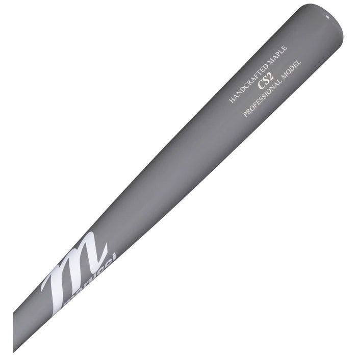 A premium gray wooden Marucci Maple Fungo 35" Wood Training Bat (FUNGO-M-GG) from the Coaches’ Series, featuring “Marucci,” “HANDCRAFTED MAPLE,” “CS2,” and “PROFESSIONAL MODEL” printed in white on the barrel—a high-quality maple fungo designed for durability and performance.