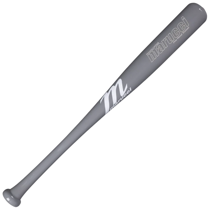The Marucci One-Hand Trainer Wood Bat (MONEHANDTB-GG) is displayed against a white background, showcasing the Marucci logo and branding in white lettering near the handle and barrel. Designed to help enhance top-hand strength and hand-eye coordination, this gray Marucci bat is ideal for effective practice sessions.