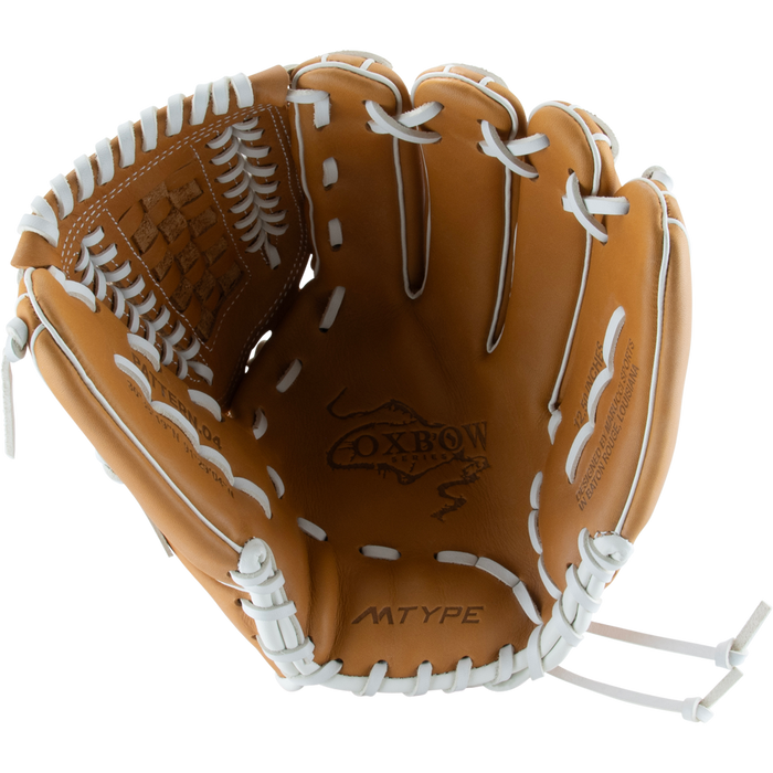 The Marucci Oxbow 47K5FP 12.5" Fastpitch Glove (MFGOX47K5FP-TF) is a brown full-grain cowhide leather glove with white laces, a basket T-web, detailed stitching, and "MTYPE" near the wrist. “Oxbow” is stamped inside the palm.