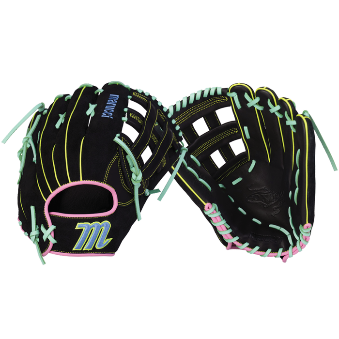 Two black Marucci Oxbow 78R3 12.75″ baseball gloves (model MFG4OX78R3-BK/RO), crafted from full-grain cowhide leather with pastel green, pink, and yellow laces, are displayed front and back. One glove showcases a blue embroidered M logo near the wrist opening—characteristic of this professional-grade Marucci model.