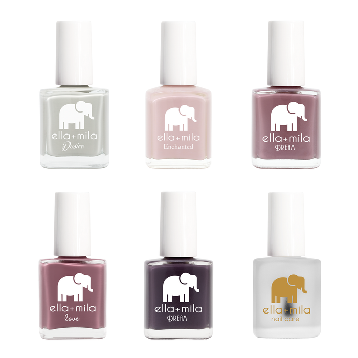 Mauve Skittle 5 mauve and purple nail polish bottles and a top coat