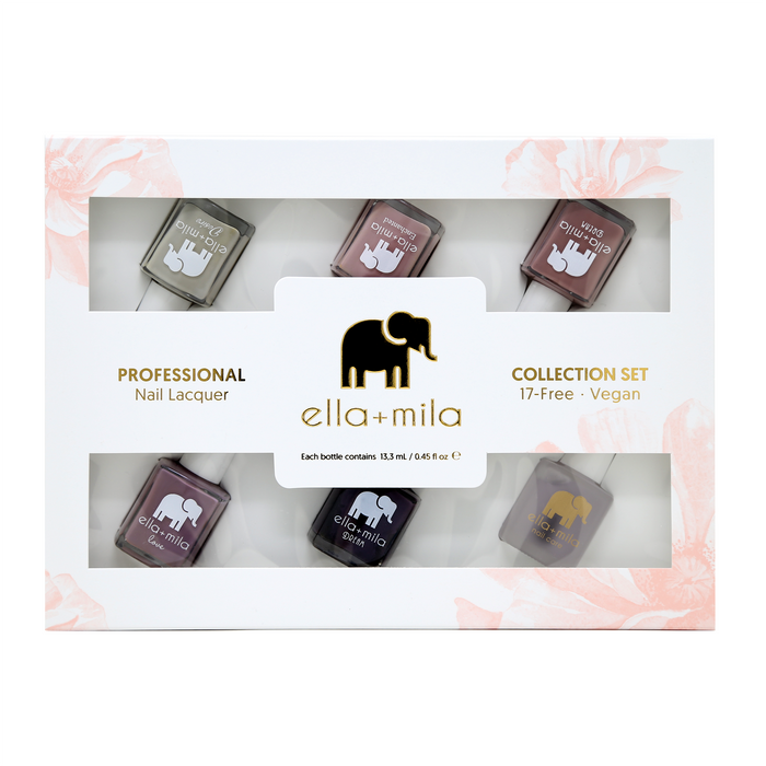 Mauve Skittle 5-pack nail polish gift box, front view