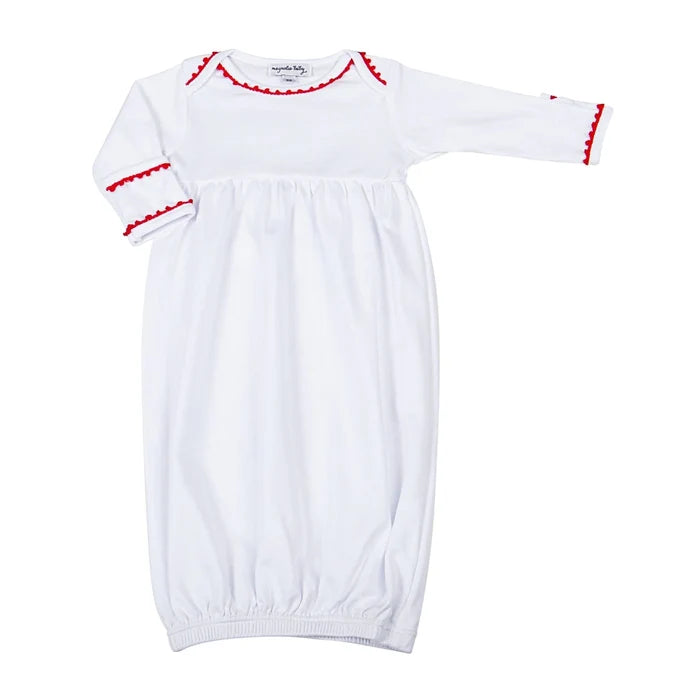 MB White Gathered Gown W/ Red Crochet Trim