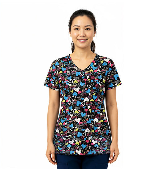 Medichic Kendall Electric Love Printed V-Neck Scrub Top