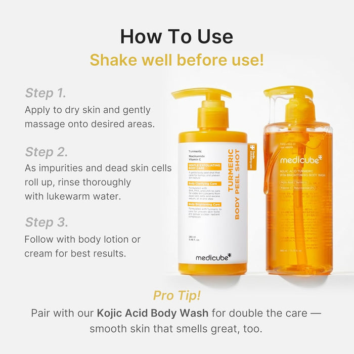 Medicube Kojic Acid Turmeric Body Peel Shot 280ml مقشر الجسم بالكركم وحمض الكوجيك من ميديكوب - Princess Cosmetics Qatar