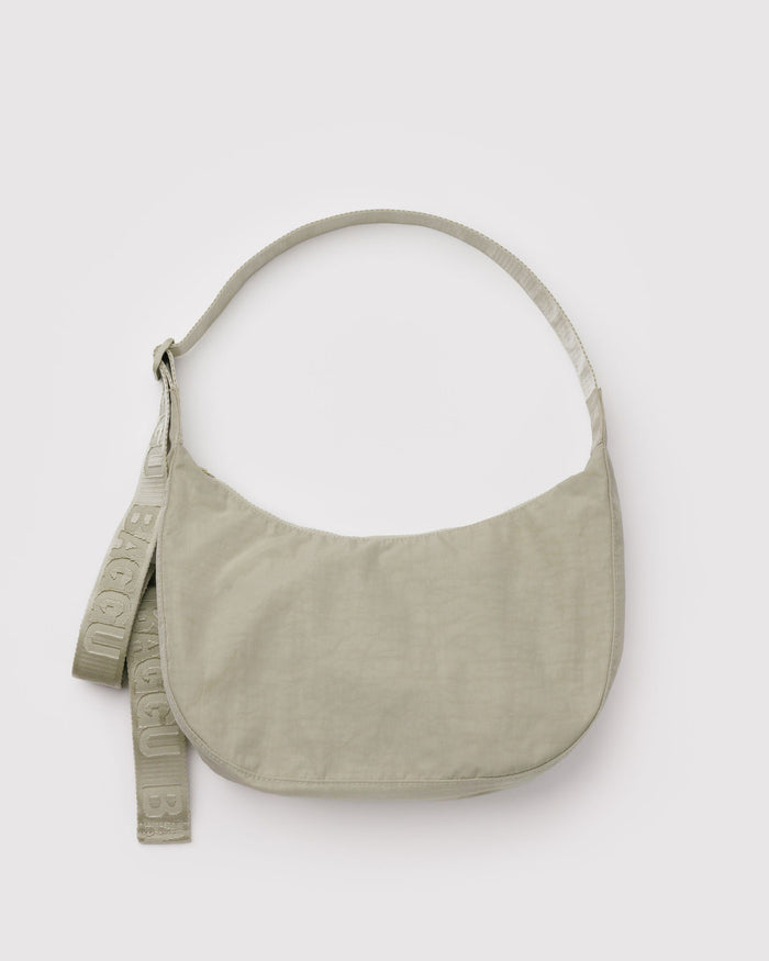 Oatmeal beige nylon crescent bag with long strap and hanging tag