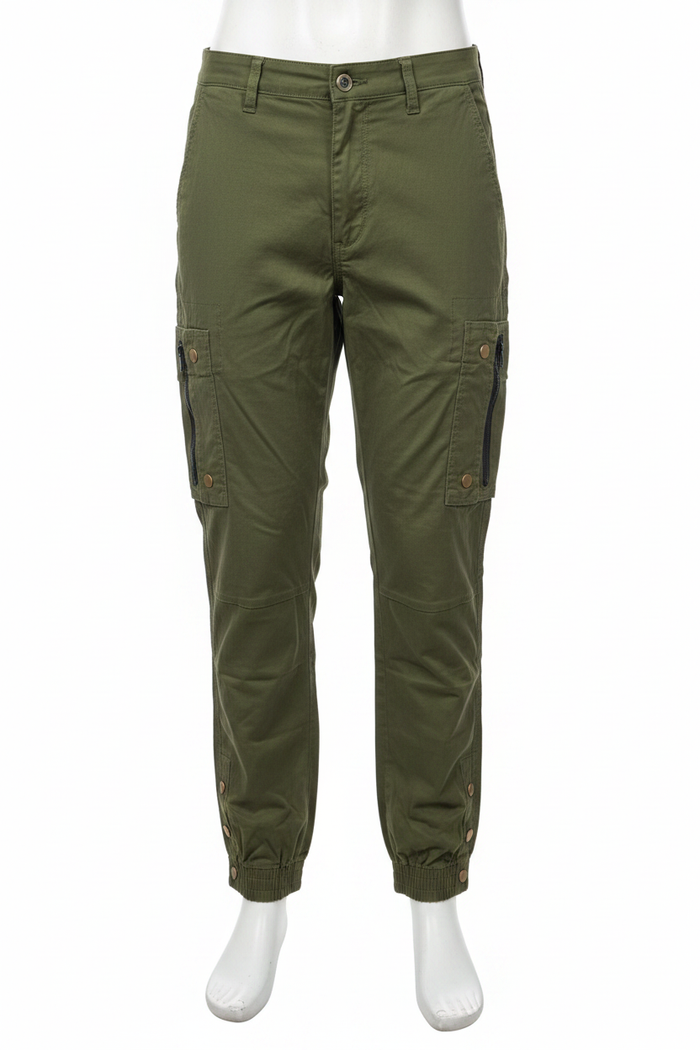 Men's army green cargo pants on mannequin - white background