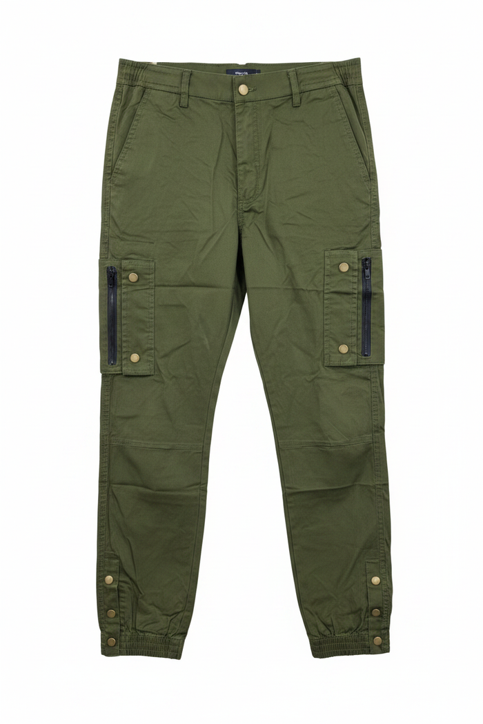 Men's army green cargo pants - white background studio shot