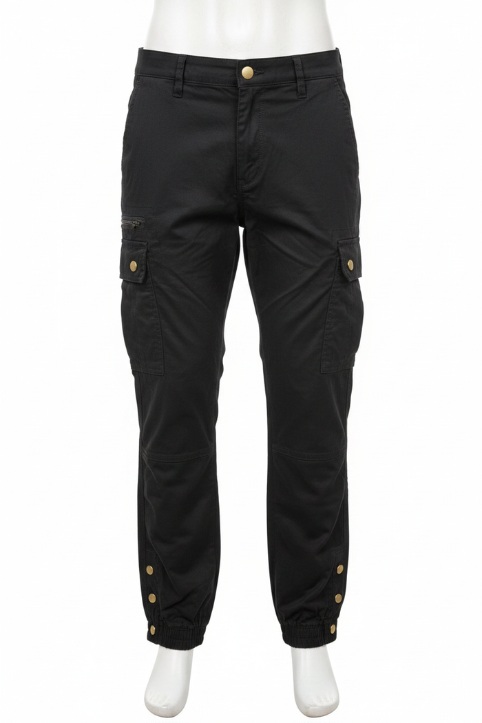 Men's black cargo pants on mannequin - white background