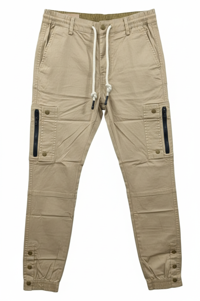 Men's khaki cargo pants - white background studio shot