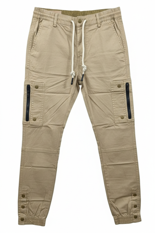 Men's khaki cargo pants - white background studio shot