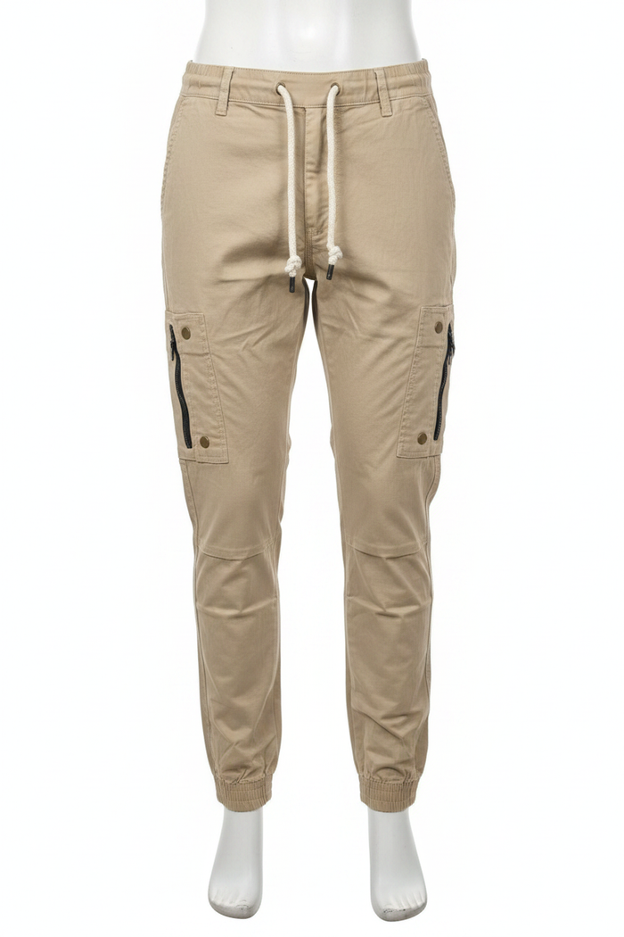 Men's khaki cargo pants on mannequin - white background