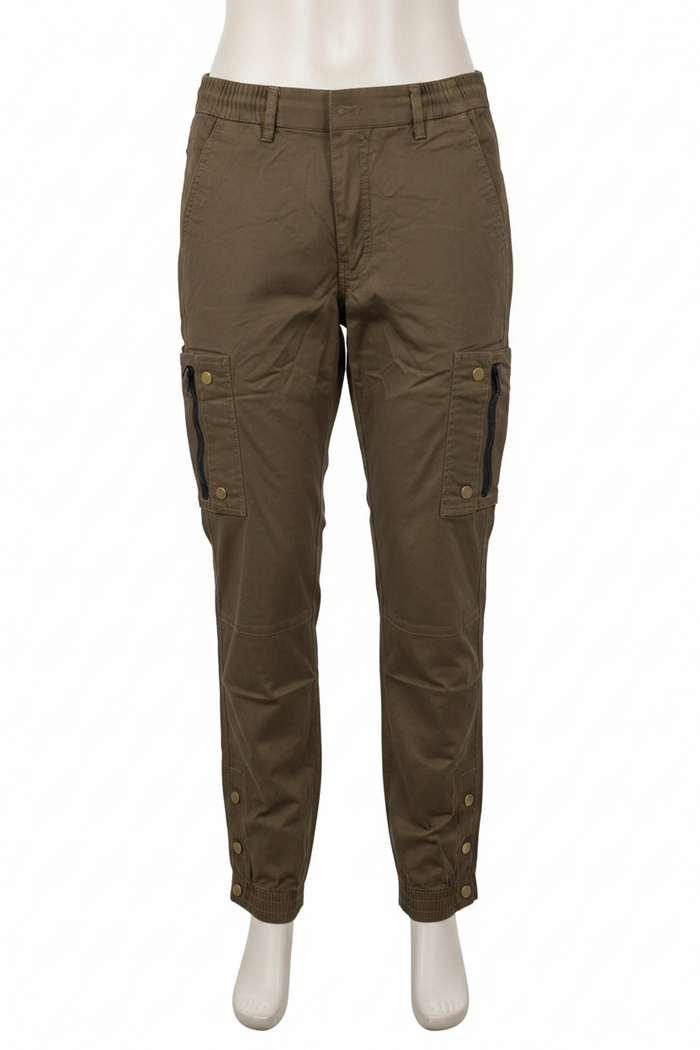 Men's olive brown cargo pants on mannequin - white background