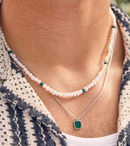 Men’s Pearl and Green Tiger Eye Gemstone Necklace