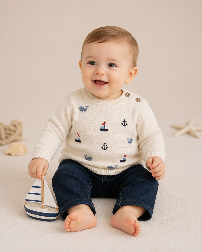 Baby Wearing Miles Nautical Embroidered Baby Pullover, Organic Cotton