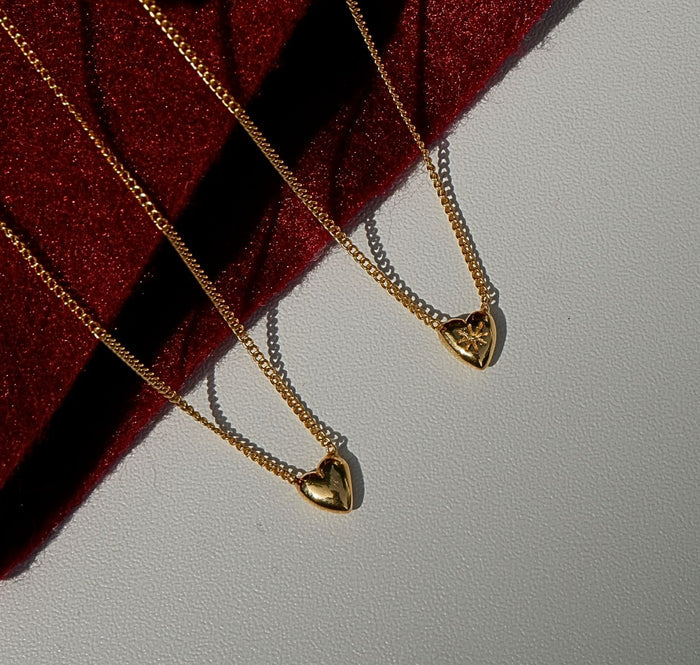 Two Mini Heart Gold Necklaces made from Recycled Sterling Silver. Love Burst heart