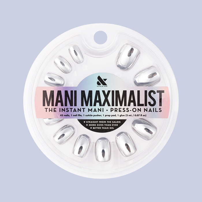 Mirror Chrome - Press-On | Extra Short | Round showing extra short round press-on nails with reflective chrome finish in packaging