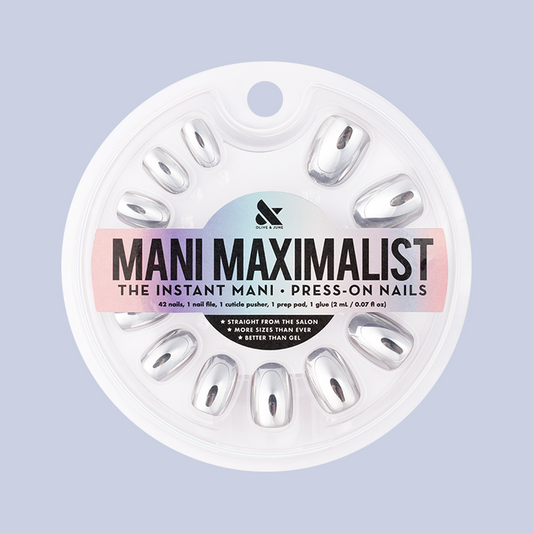 Mirror Chrome - Press-On | Extra Short | Round showing extra short round press-on nails with reflective chrome finish in packaging