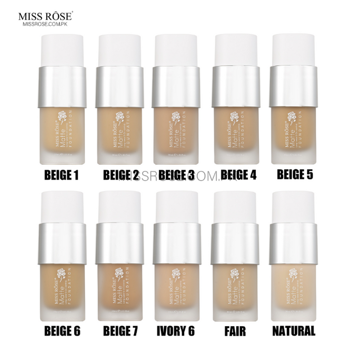 Miss Rose Matte Oil-Free Foundation shade swatches on arm - Natural, Fair, Ivory 6, Beige 1-4