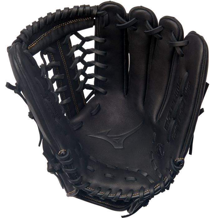 The Mizuno MVP Prime 12.75" Baseball Glove (GMVP1275P4) features visible stitching, a woven web, and an embossed Mizuno logo on the palm, showcasing its professional quality.