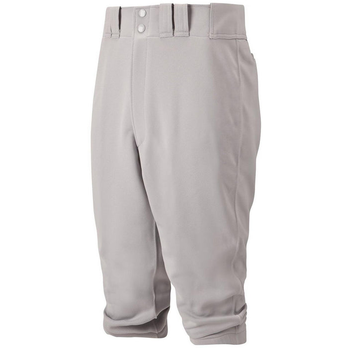 Mizuno Youth Premier Short Knicker Baseball Pants (350312) in light gray feature belt loops, two buttons, and an elastic waistband. Durable and cropped below the knee, these Mizuno pants offer a professional baseball look.