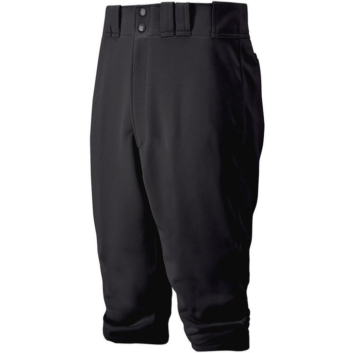 The Mizuno Youth Premier Short Knicker Baseball Pants (350312) are durable black pants with belt loops, snap buttons, and a zipper fly. Cropped just below the knee for a classic look, they're shown against a white background. Brand: Mizuno.