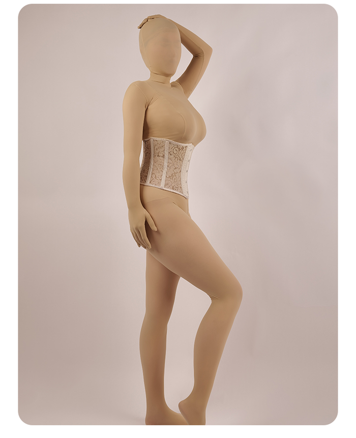 Beige Molis Zentai "The Encasement" premium 150D pantyhose zentai suit with customizable fit and seamless design.