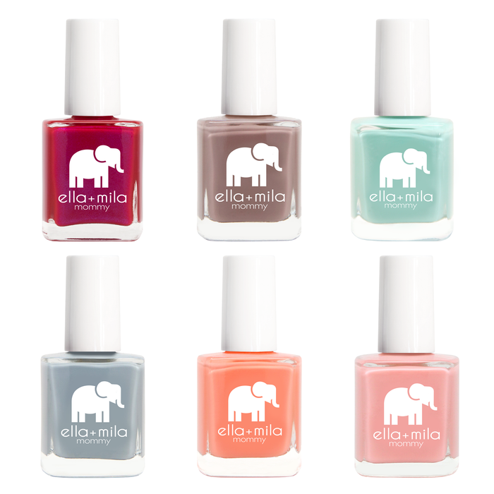 Mommy Collection 6 nail polish bottles in berry, taupe, mint, grey, coral and pale pink