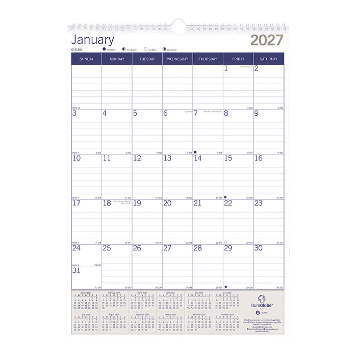 Monthly Wall Calendar, DuraGlobe™, 2027 C171203-27 Blueline
