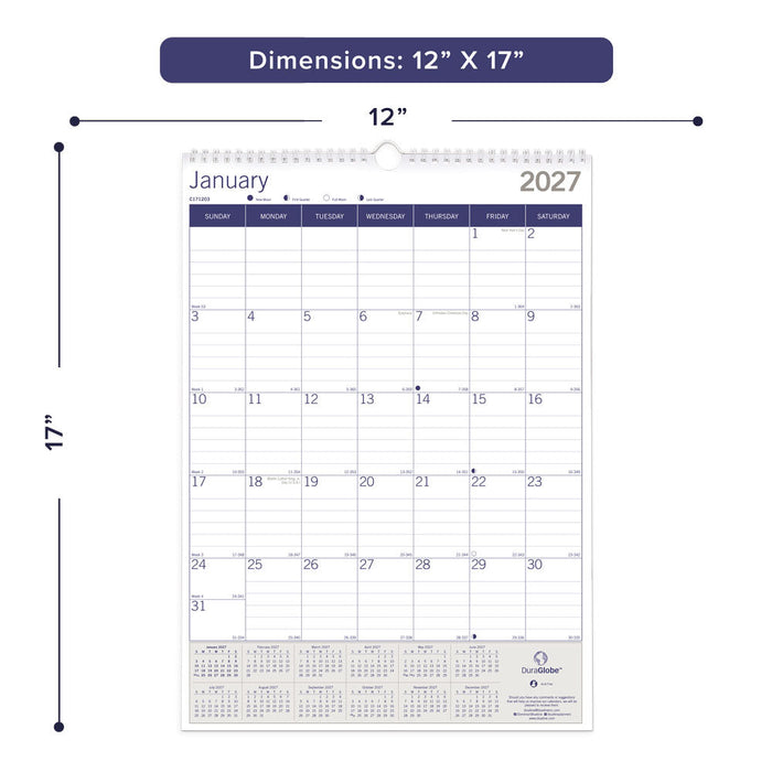 Monthly Wall Calendar, DuraGlobe™, 2027 C171203-27 Blueline