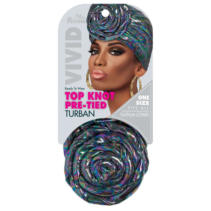 Ms. Remi Vivid Top Knot Pre-Tied Turban, 1 Count, Platinum Leopard