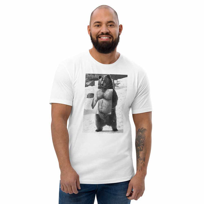 Man wearing a white t-shirt with a graphic of a bear on a white background