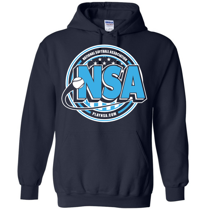 The DSG Apparel National Softball Association NSA Crest HeavyBlend Hoodie is navy blue, featuring a large blue and white NSA logo with a softball graphic and circular "National Softball Association" and "PLAYNSA.COM" text with stars.