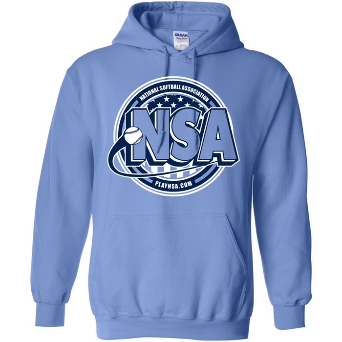 The DSG Apparel National Softball Association NSA Crest HeavyBlend Hoodie in light blue showcases a large NSA logo with a softball, stars, "National Softball Association" above, and "PLAYNSA.COM" below the design.