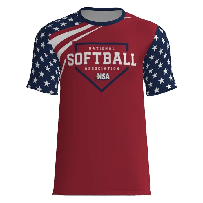 Show your team spirit in the DSG Apparel National Softball Association NSA Stars & Stripes Sublimated Short Sleeve Shirt, featuring bold NSA logos and patriotic blue star and stripe patterns on the sleeve and shoulder.