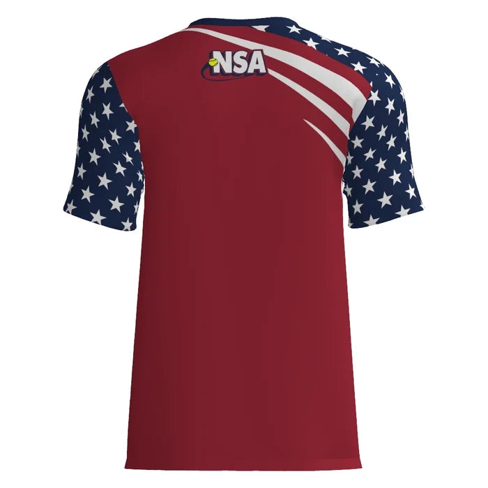 The DSG Apparel National Softball Association NSA Stars & Stripes Sublimated Short Sleeve Shirt features moisture-wicking fabric, a red back, navy sleeves with white stars, white curved stripes, and an NSA logo on the upper back.