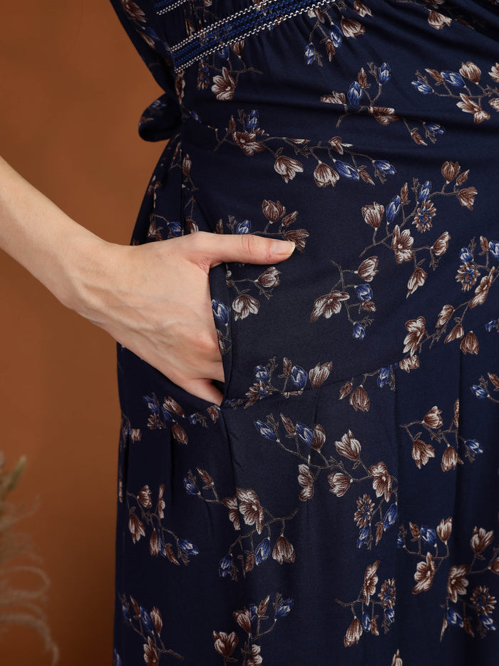 Navy Blue Floral Maxi Nighty Dress for Women
