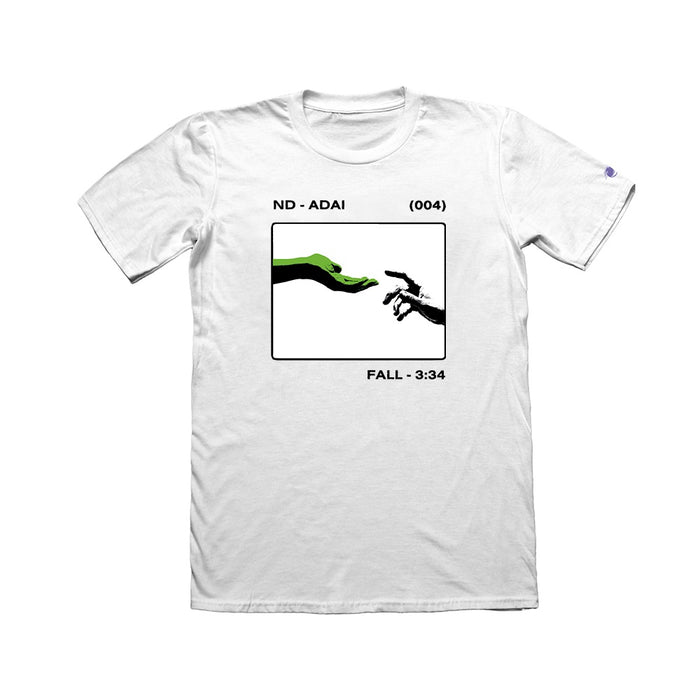 Neck Deep white t-shirt with exclusive fall design: green hand and black-and-white skeleton hand reaching toward each other in a box, with “ND - ADAI (004)” above and “FALL - 3:34” below. Includes embroidered details.