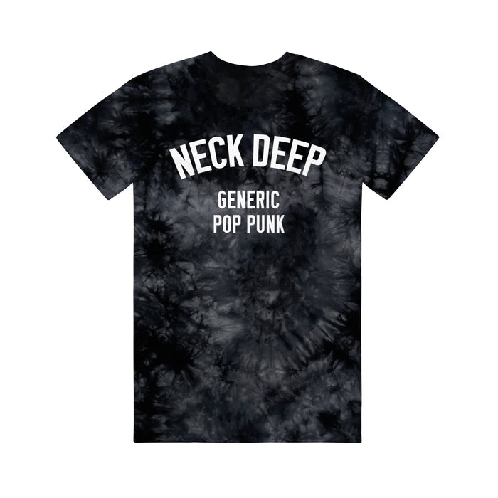 Black Tie dye tee on a white background. White text that reads NECK DEEP - GENERIC POP PUNK across the chest.