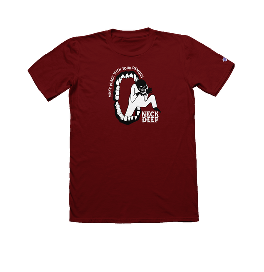 A maroon Neck Deep Gildan Hammer t-shirt featuring a Peace Demons design: a masked figure in an open mouth with sharp teeth, MAKE PEACE WITH YOUR DEMONS above and NECK DEEP below the image.