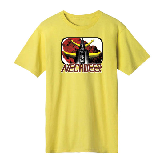 Show your love for Neck Deep with this vibrant Robot Yellow T-shirt, featuring a bold rocket graphic, abstract shapes, and NECK DEEP branding—the perfect official band merchandise for fans.