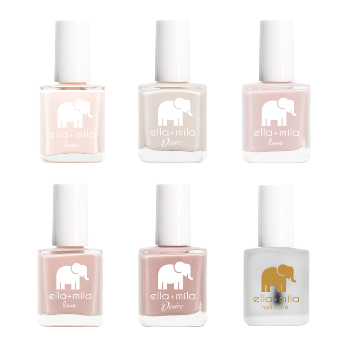 Neutral Skittle 5 nude nail polish bottles and a top coat