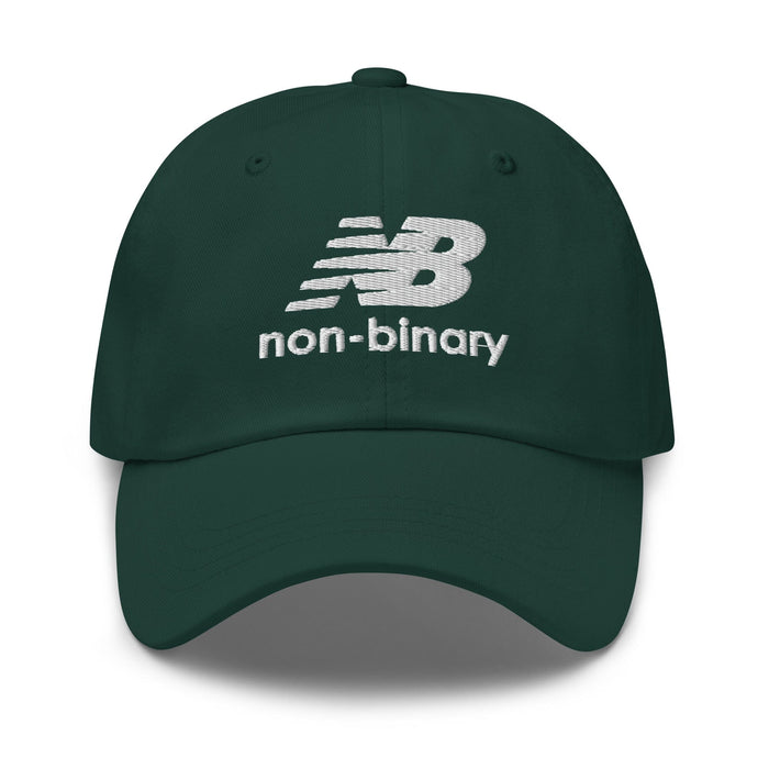 A dark green baseball cap featuring a white embroidered 'non-binary' logo on the front, set against a plain white background.