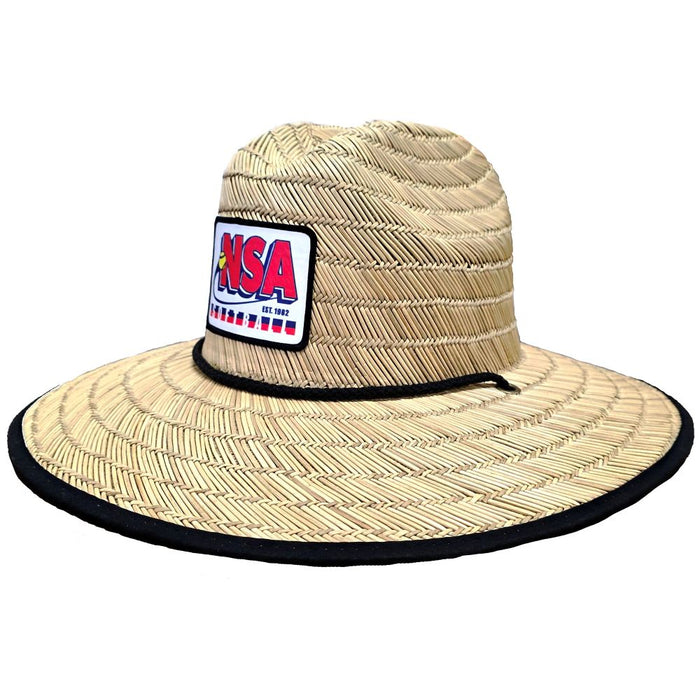 The Richardson NSA American Flag Lined Waterman Straw Hat (828-USA-NSA) features a wide brim, black trim, and a USA patch with American flag details—perfect for showing your patriotic spirit on sunny summer days.