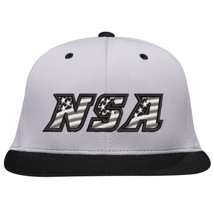 The Pacific Headwear NSA Flag Series Silver Black Flex Fit Hat (ES342-SLBK) features a gray crown, black brim, bold NSA letters with star-and-stripe pattern in black, white, and gray, and offers all-day comfort with Premium P-TEC Performance Flexfit.