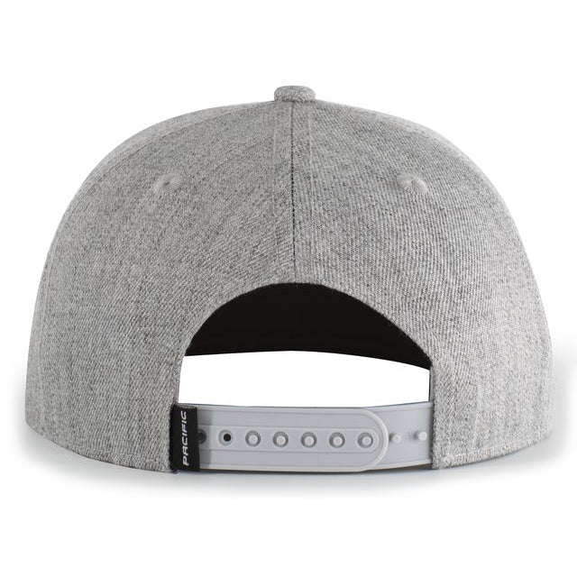 The image shows the back of the NSA Leather Patch Wool Blend Heather Snapback Hat (P750-LTHRBK) by Pacific Headwear, featuring an adjustable plastic strap and a small PACIFIC tag near the strap.