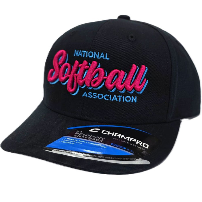 The Champro Sports NSA Script Pennant Snapback Hat (HC4-NSAS) in Black VICE features "National Softball Association" embroidered in blue and pink on the front, with a product details sticker on the brim—perfect for Softball Lifestyle fans.