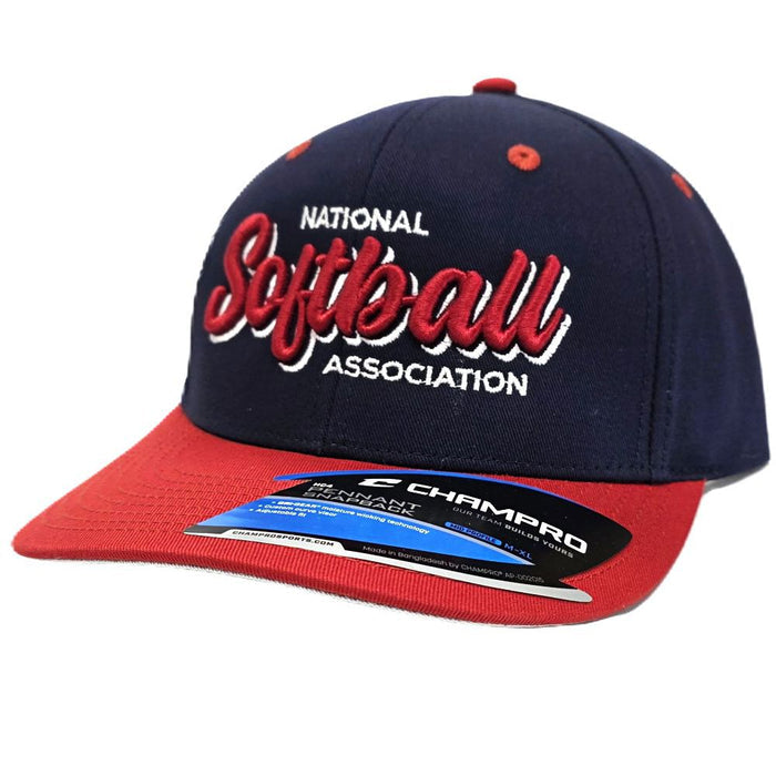 The NSA Script Pennant Snapback Hat (HC4-NSAS) by Champro Sports features a navy-red design, National Softball Association script on the front, and a Champro sticker on the brim—a perfect pick for any true softball fan.