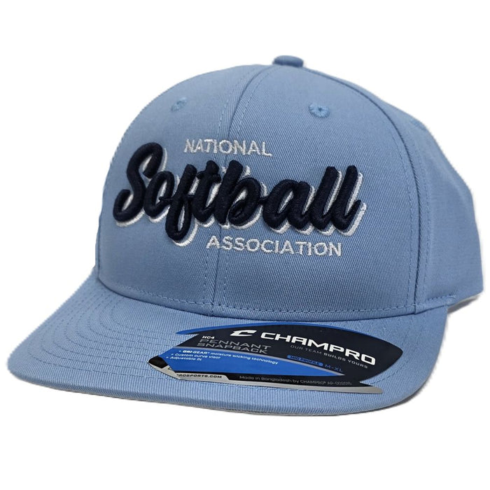 The Champro Sports NSA Script Pennant Snapback Hat (HC4-NSAS) features light blue fabric, “National Softball Association” embroidered in white and black, and a black/blue Champro sticker on the flat bill—show your Softball Lifestyle.