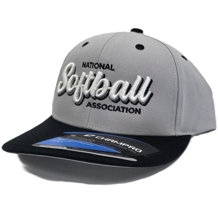 The Champro Sports NSA Script Pennant Snapback Hat (HC4-NSAS) features a grey-black design with "National Softball Association" embroidered in white, a flat visor, and sticker labels—perfect for representing your Softball Lifestyle.